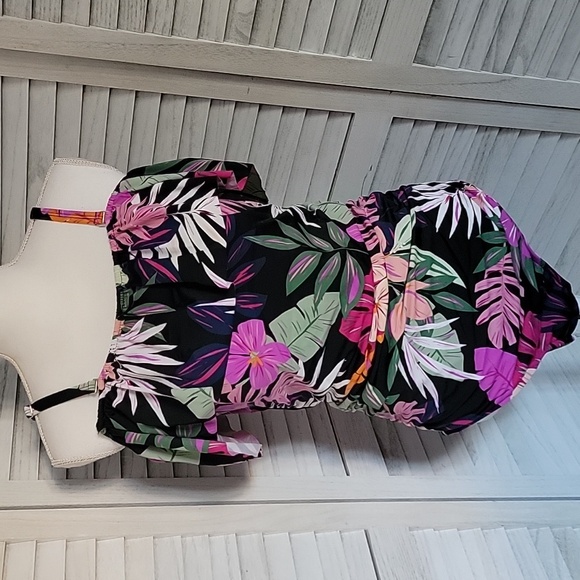 Off The Shoulder Black Tropical Print Tummy Control Waist Mininizer Swimsuit - Picture 4 of 15